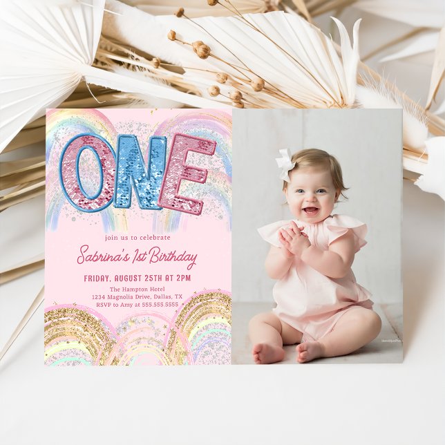 Convites Glitter Sequin Rainbow 1st Birthday Photo (Criador carregado)