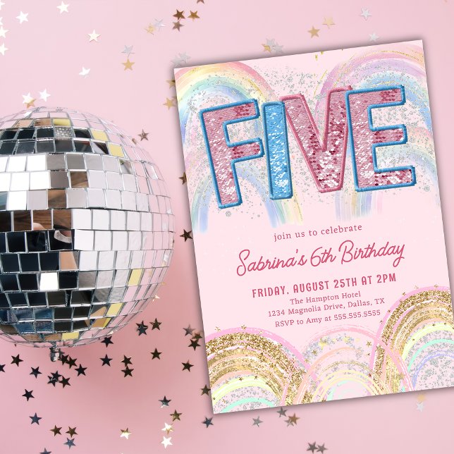 Convites Glitter Sequin Rainbow 5th Birthday Invitation (Criador carregado)