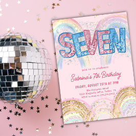 Convites Glitter Sequin Rainbow 7th Birthday Invitation