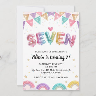 Convites Glitter SETE Menina Arco-íris Lantejoula 7º Aniver