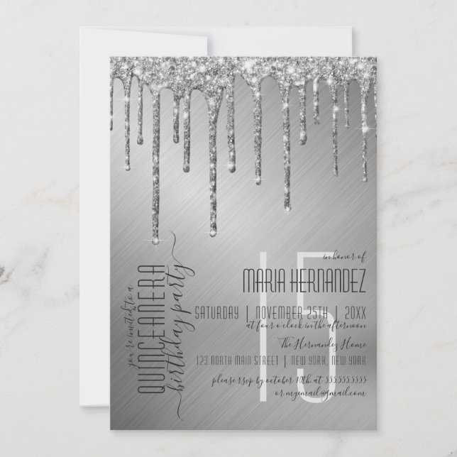Convites Glitter Silver de Luxo Sparkly Coloca Quinceañera (Frente)