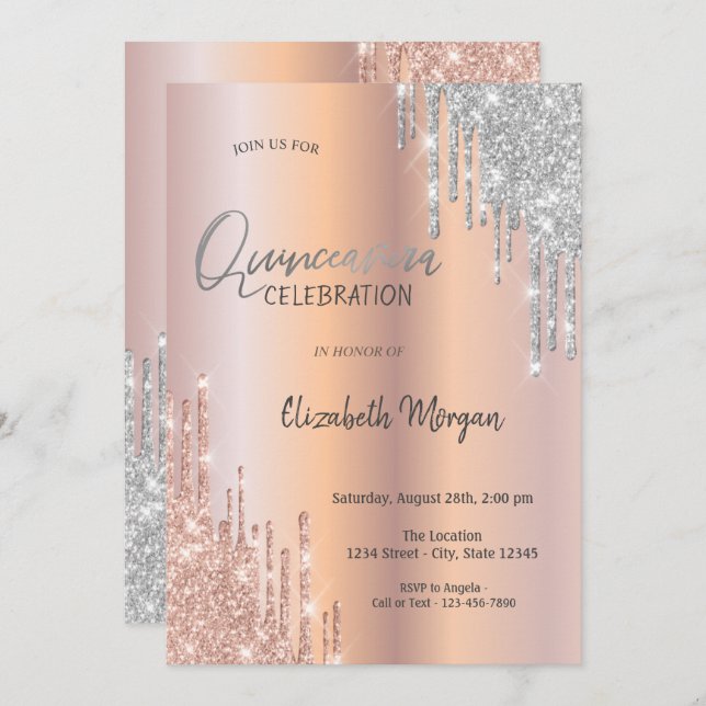 Convites Glitter Silver Dourado rosa Quinceañera (Frente/Verso)