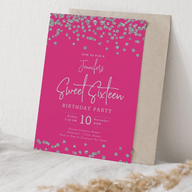 Convites Glitter Silver Elegante Confetti Sweet 16 Rosa Que (Elegant Silver Glitter Confetti Sweet 16 Hot Pink Invitation)