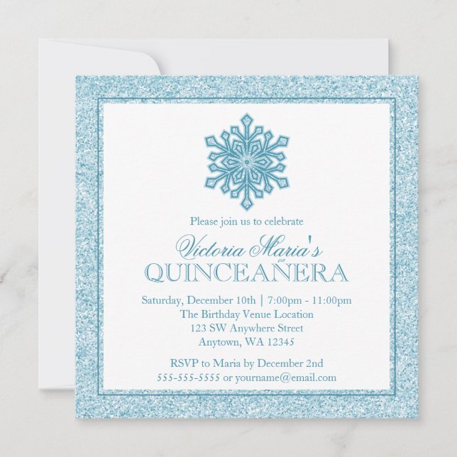 Convites Glitter Snowflake Teal Quinceanera Winter Invits (Frente)