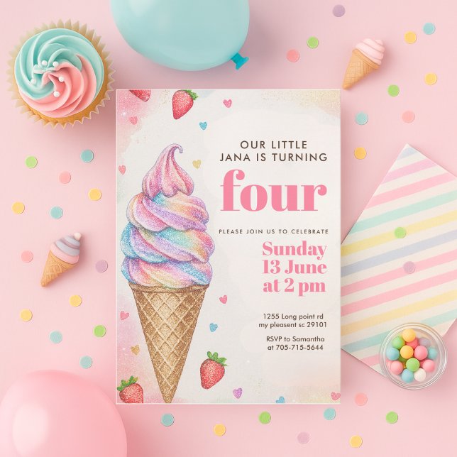 Convites Glitter Sorvete de Arco-Íris Cone de Aniversário  (Criador carregado)
