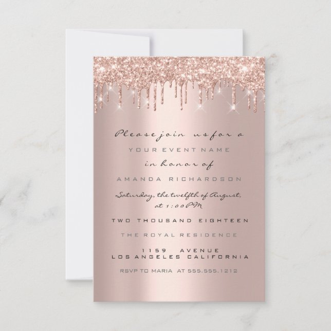 Convites Glitter Spark Drips Rosa Chá de panela Sweet 16th (Frente)
