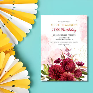 Convites Glitter Splash Burgundy Dahlia Rosa Birthday