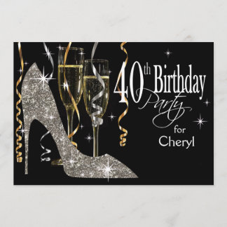 Convites Glitter Stiletto Champagne Aniversário de 40 anos