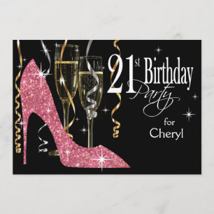 Convites Glitter Stiletto Champanhe Aniversário de 21 anos 