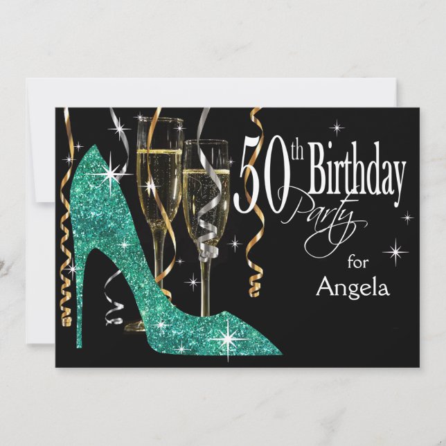 Convites Glitter Stiletto Champanhe Aniversário de 50 anos  (Frente)