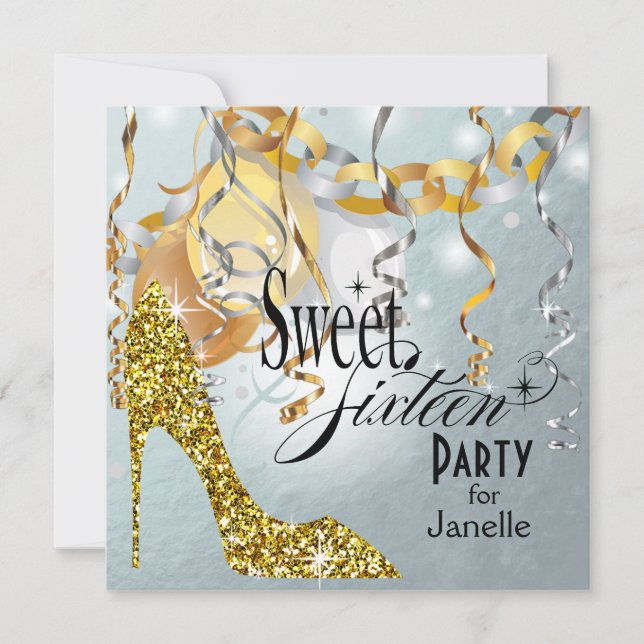 Convites Glitter Stiletto Silver Foil Sweet 16 Party (Frente)