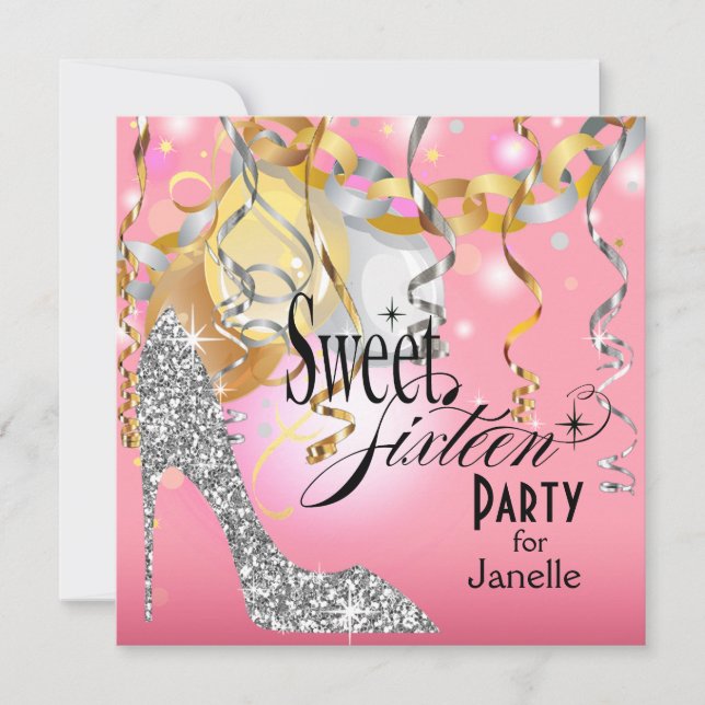 Convites Glitter Stiletto Sweet 16 Party | prata rosa (Frente)
