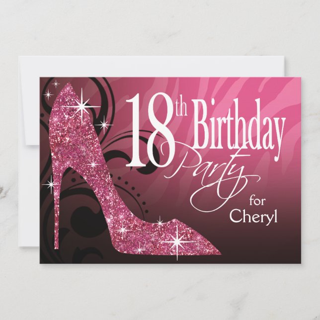 Convites Glitter Stiletto Zebra Aniversário de 18 anos rosa (Frente)