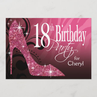 Convites Glitter Stiletto Zebra Aniversário de 18 anos rosa