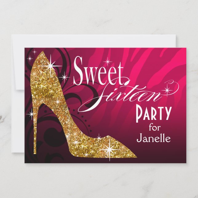 Convites Glitter Stiletto Zebra Sweet 16 Fuschia Gold (Frente)