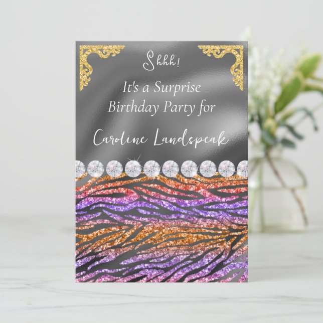 Convites Glitter Surpresa Aniversário Púrpura Zebra Laranja (Em pé/Frente)