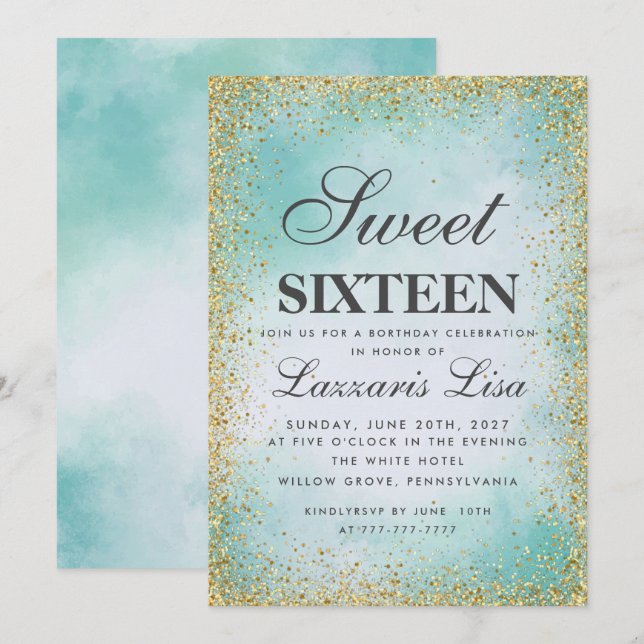 Convites Glitter Sweet 16 Turquoise watercolor Aniversário (Frente/Verso)
