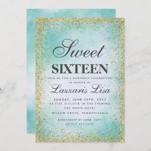 Convites Glitter Sweet 16 Turquoise watercolor Aniversário
