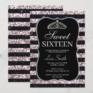 Convites Glitter Tara Sweet 16, Glitter Preto-Chic Elegante