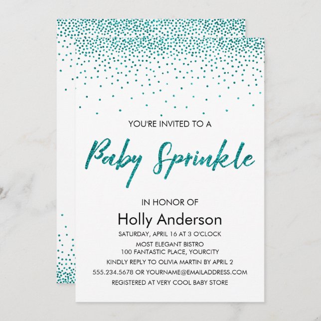 Convites Glitter Teal Confetti e Typography Baby Sprinkle (Frente/Verso)
