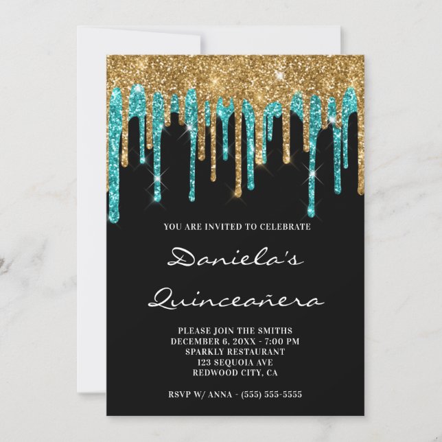Convites Glitter Teal Dourado Coloca Quinceañera Preta (Frente)