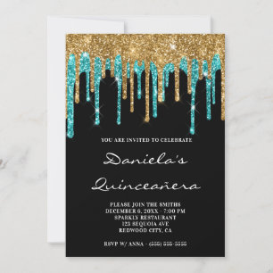 Convites Glitter Teal Dourado Coloca Quinceñera Preta