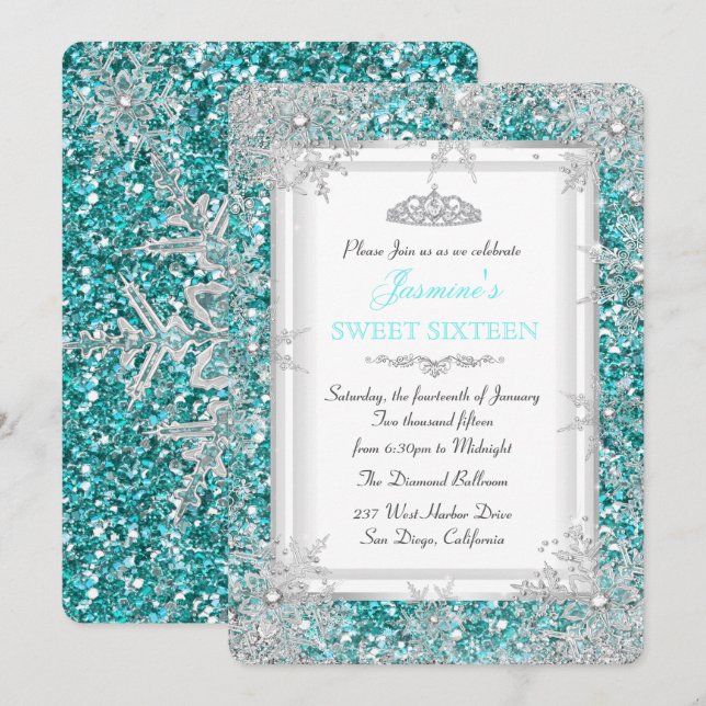 Convites Glitter Teal Silver Winter Wonderland Sweet 16 (Frente/Verso)