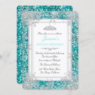 Convites Glitter Teal Silver Winter Wonderland Sweet 16