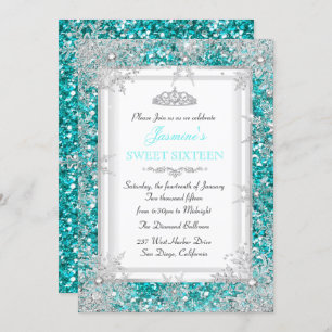 Convites Glitter Teal Silver Winter Wonderland Sweet 16