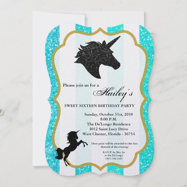 Convites Glitter Teal Unicorn Sweet 16 Birthday Invite (Frente)