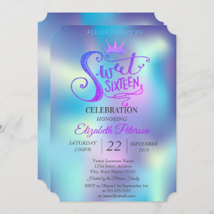 Convites Glitter Tiara Holographic Sweet 16 Party