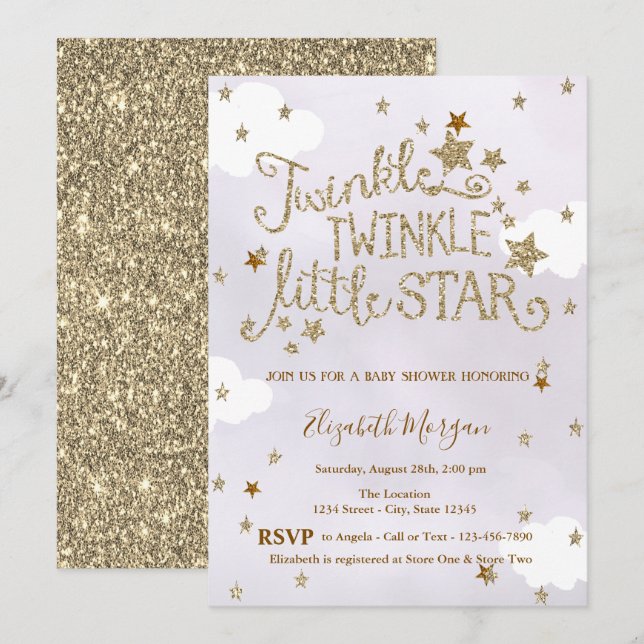 Convites Glitter Twinkle Little Star Lavender Baby Shower (Frente/Verso)