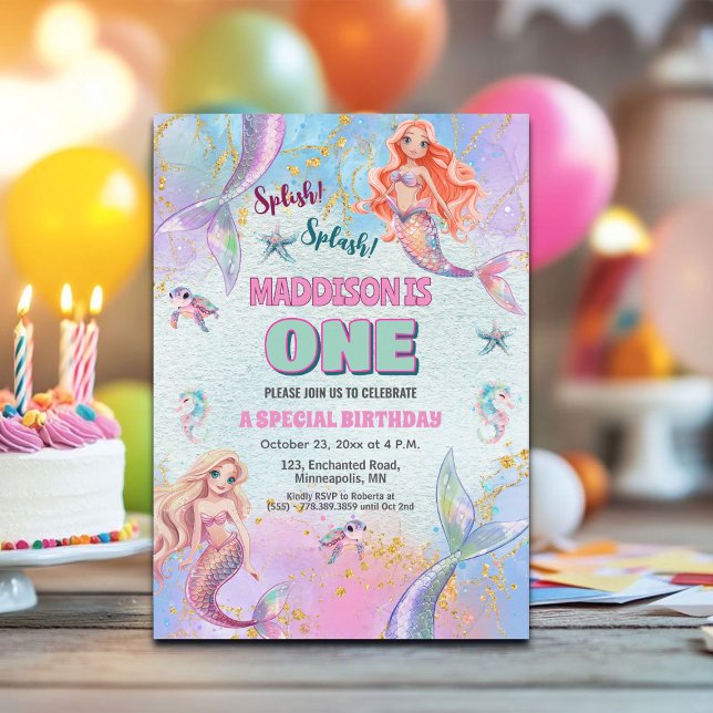 Convites Glitter Under the Sea Mermaids 1st Birthday Party (Criador carregado)