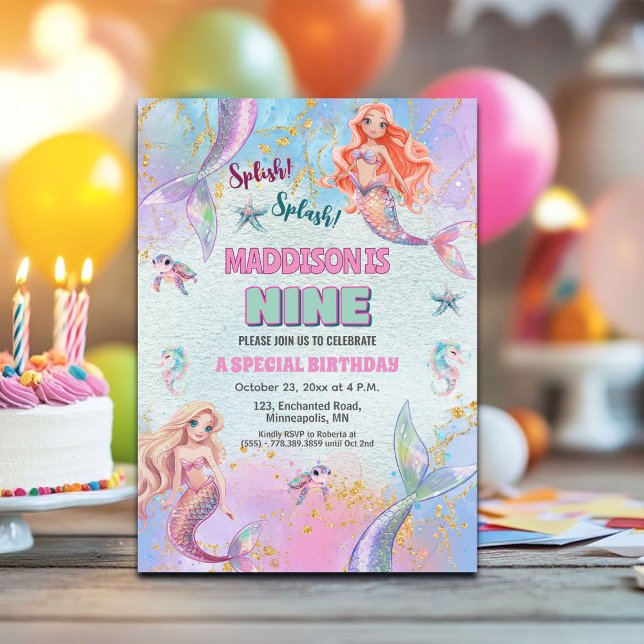 Convites Glitter Under the Sea Mermaids 9th Birthday Party (Criador carregado)