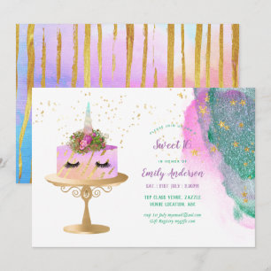 Convites Glitter Unicorn Pink Dourado Sweet 16 Trendy Girls