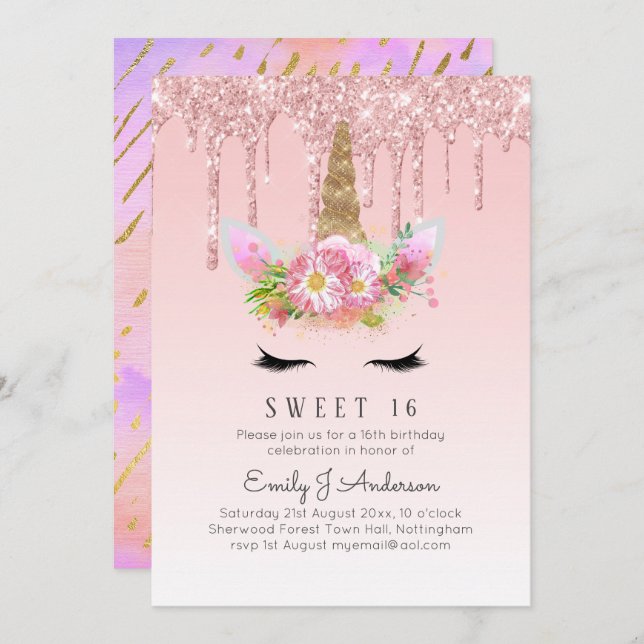 Convites Glitter Unicorn Sweet 16 Dourado cor-de-rosa 16th  (Frente/Verso)