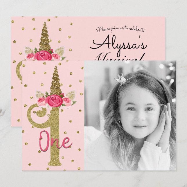 Convites Glitter Unicórnio Dourado Rosa Festa de Aniversári (Frente/Verso)