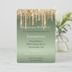 Convites Glitter Verde de Sage Dourado Cai no Aniversário
