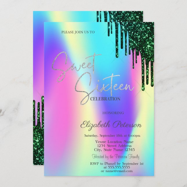 Convites Glitter Verde Dificuldades Holográficas Doce 16 (Frente/Verso)