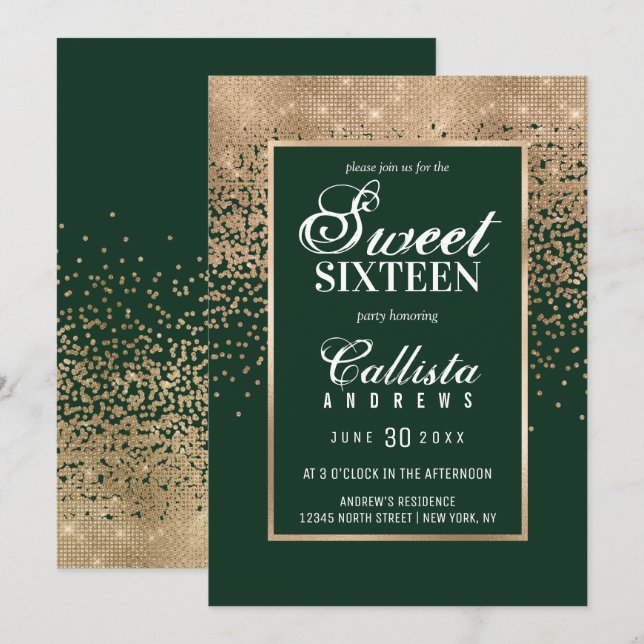 Convites Glitter Verde Dourado da Floresta Chic Confetti Sw (Frente/Verso)
