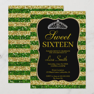 Convites Glitter Verde Dourado Elegante Tiara Sweet 16