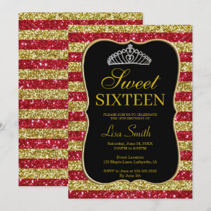 Convites Glitter Vermelho Dourado Elegante Tiara Sweet 16