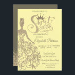 Convites Glitter Vestido Garota Tiara, Diamantes Dourados D<br><div class="desc">Dourada tiara,  vestido e diamantes Doce 16 convites de aniversário.</div>
