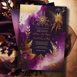 Convites Glitter Watercolor Púrpura e Dourado Casamento Flo