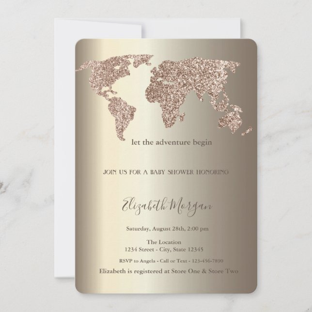 Convites Glitter World Map Confetti Chá de fraldas Dourado (Frente)