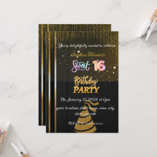 Convites Glittering Black e Dourado doce 16 Aniversário