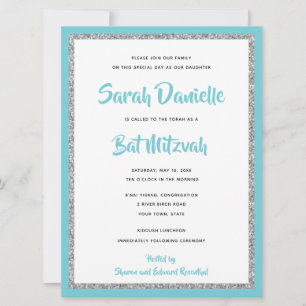 Convites Glittery Bat Mitzvah Blue e Silver Large