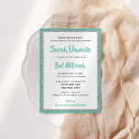 Convites Glittery Bat Mitzvah Teal e Silver Retângulo<br><div class="desc">Este convite do Bat Mitzvah de tendência apresenta brilho falso cintilante em camadas sobre um fundo de cor sólida. Use o formulário modelo para adicionar suas próprias informações. A Ferramenta Design pode ser usada para alterar o estilo,  a cor e o layout da fonte.</div>