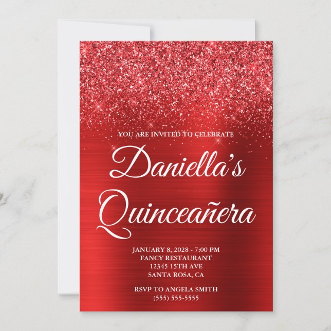 Convites Glittery Bright Red Foil Quinceañera (Frente)