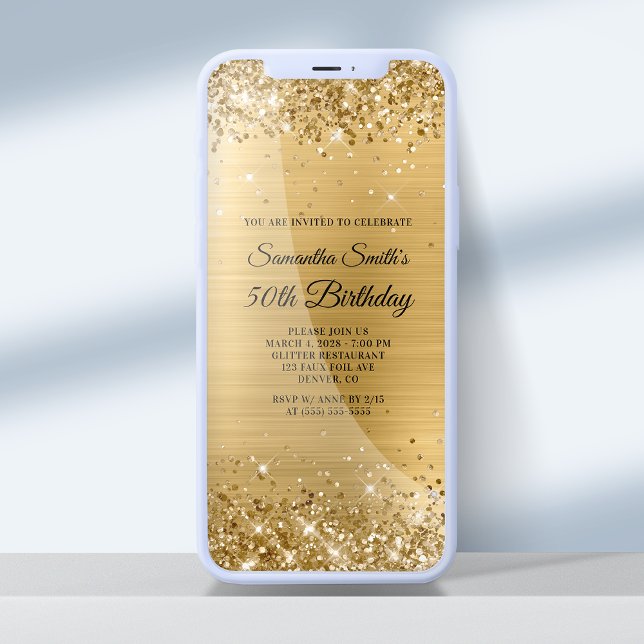 Convites Glittery Brushing Gold Foil 50th Birthday (Criador carregado)